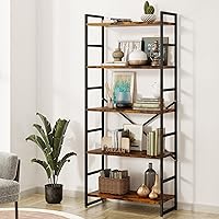 Shintenchi 5 Tier Industrial Bookcase Shelf for Bedroom/Living Room/Home Office - Rustic Brown Storage Rack with Shelves for Books and Movies