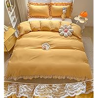 MOOWOO Chic Ruffle Lace Polyester Duvet Cover Set -Girl Pink Bedding-3 Piece Full Duvet Cover with Zipper Closure -Ultra Soft and Light Weight-Yellow