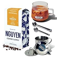 NGUYEN COFFEE SUPPLY - Hanoi Robusta Whole Coffee Beans, Glass Mug, Coffee Scoop Set, and Stainless Steel 4oz Phin Filter Set: Vietnamese Grown and Direct Trade Dark Roast Coffee with Authent