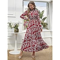 Fall Dresses for Women 2023 Floral Print Pleated Hem Tie Neck Dress Dresses for Women (Color : Multicolor, Size : Small)