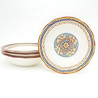 Euro Ceramica Duomo Collection Pasta Bowl Set of 4, Italian Floral Design, Multicolor, gold and cream, 34 fluid ounces