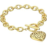 ELYA Jewelry Womens Gold Plated Flilgree Heart Charm Stainless Steel Polished Cable Chain Bracelet, One Size