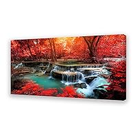 Muolunna BK03975 Wall Art Decor Canvas Print Picture Red Forest Waterfalls 1 Piece Modern Landscape Tree for Living Room Bedroom Kitchen Office Home Decorations Stretched and Framed Ready to Hang