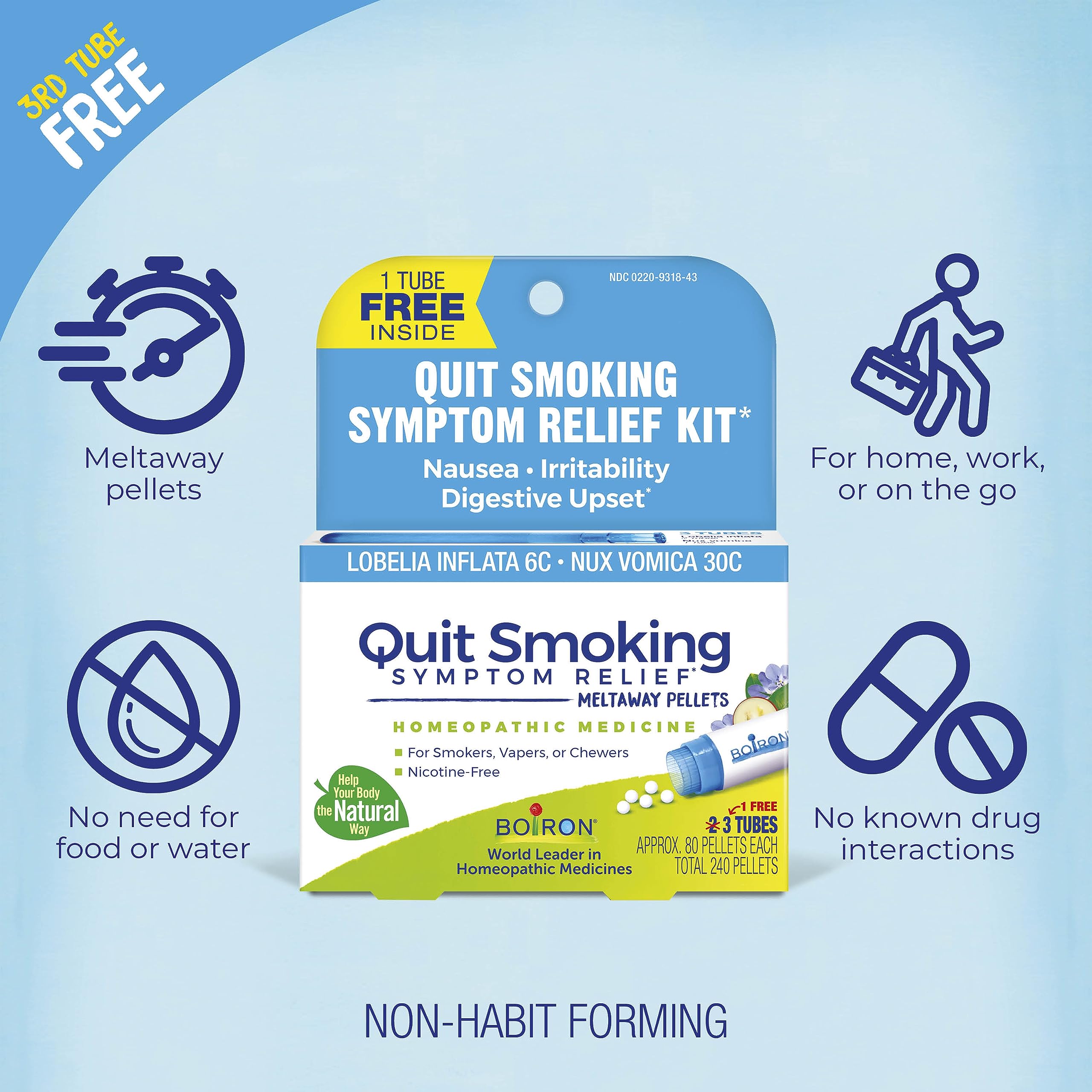 Boiron Quit Smoking Relief Kit for Nicotine Symptoms from Smoking, Vaping, or Chewing – Nausea, Irritability, & Upset Stomach – Non-Drowsy & Nicotine-Free – 3 Count (240 Pellets)