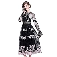 LAI MENG FIVE CATS Womens Long Bell Sleeves Mesh Embroidered Floral Lace Maxi Dress