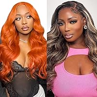 28inch Ginger Orange Ombre Lace Frontal Wigs Human Hair +Highlight Honey Blonde 13x4 HD Glueless Lace Front Wigs Human Hair Body Wave 20 inch
