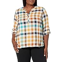 MULTIPLES Women's Plus Size 3 Quarters Sleeve Band Collar Y-Neck Pull on Top