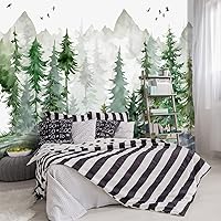 -Green Cartoon Pine Forest Nursery Fabric Wallpaper for Boys and Girls Children's Bedroom Living Room Woodland Plants Large Wall Mural- 137