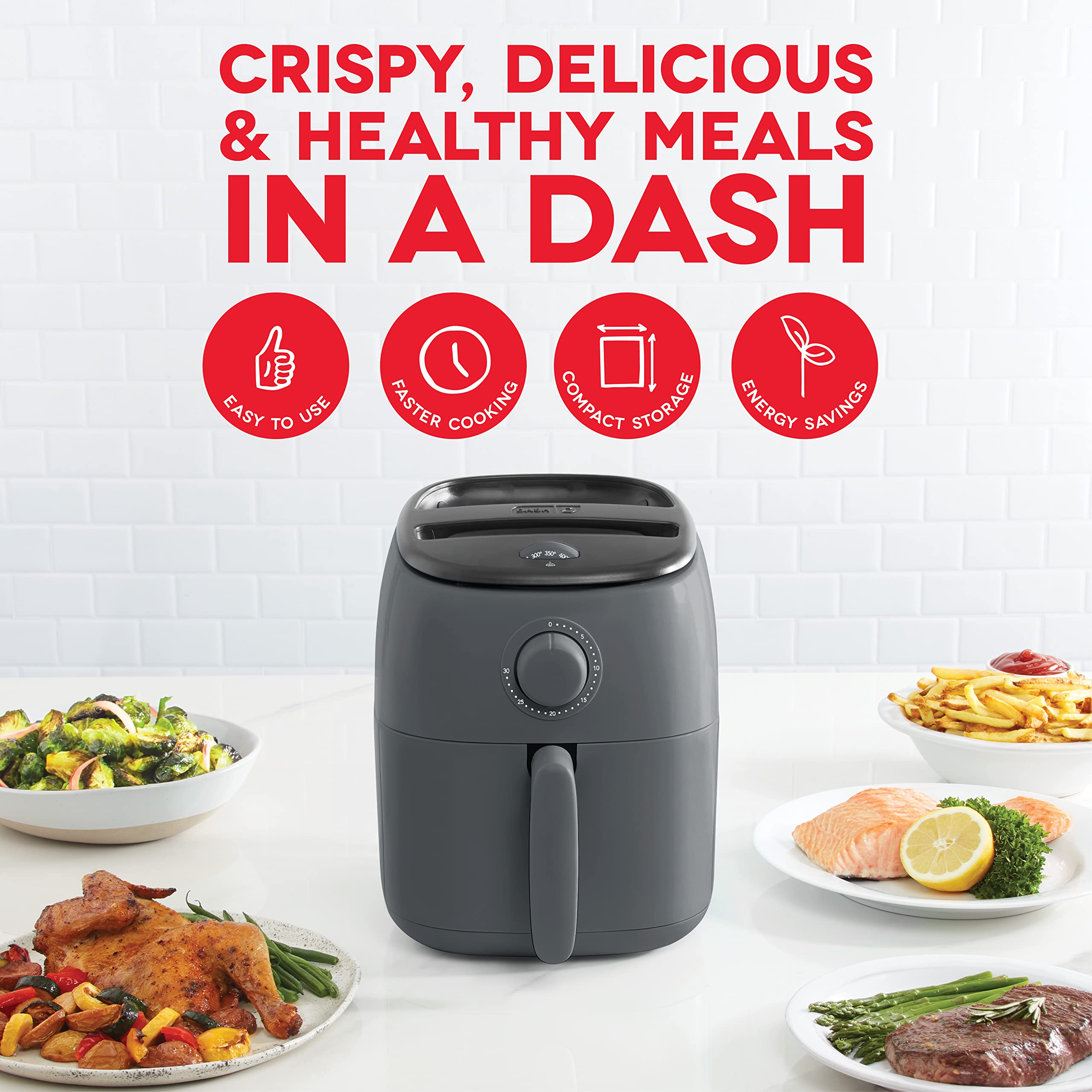 DASH Tasti-Crisp™ Electric Air Fryer Oven Cooker with Temperature Control, Non-Stick Fry Basket, Recipe Guide + Auto Shut Off Feature, 1000-Watt, 2.6Qt, Grey