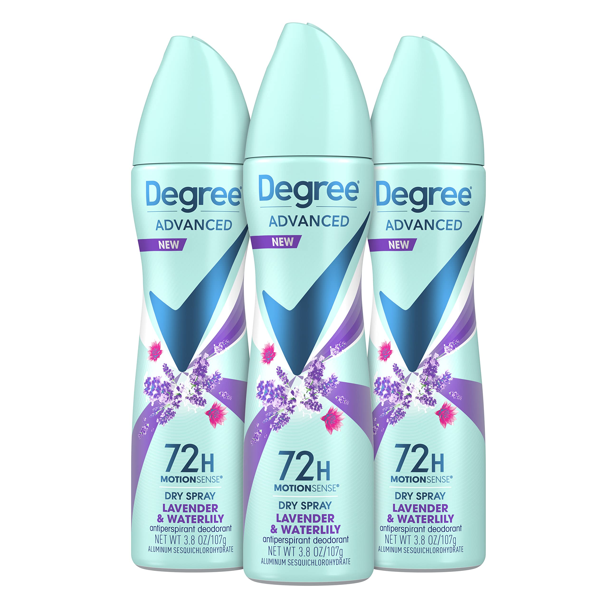 Degree Antiperspirant Deodorant Dry Spray 72-Hour Sweat and Odor Protection Lavender and Waterlily Deodorant Spray For Women With MotionSense Technology 3.8 oz 3 Count