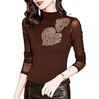 Mesh Tops for Women, Fashion Solid Mock Neck Semi Sheer Long Sleeve Rhinestone Stretchy Blouses Elegant Work Shirts