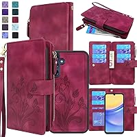 Lacass Case Wallet for Samsung Galaxy A15 5G, [12 Card Slots] ID Credit Cash Holder Zipper Pocket Detachable Leather Wallet Cover with Wrist Strap Lanyard（Floral Wine Red）