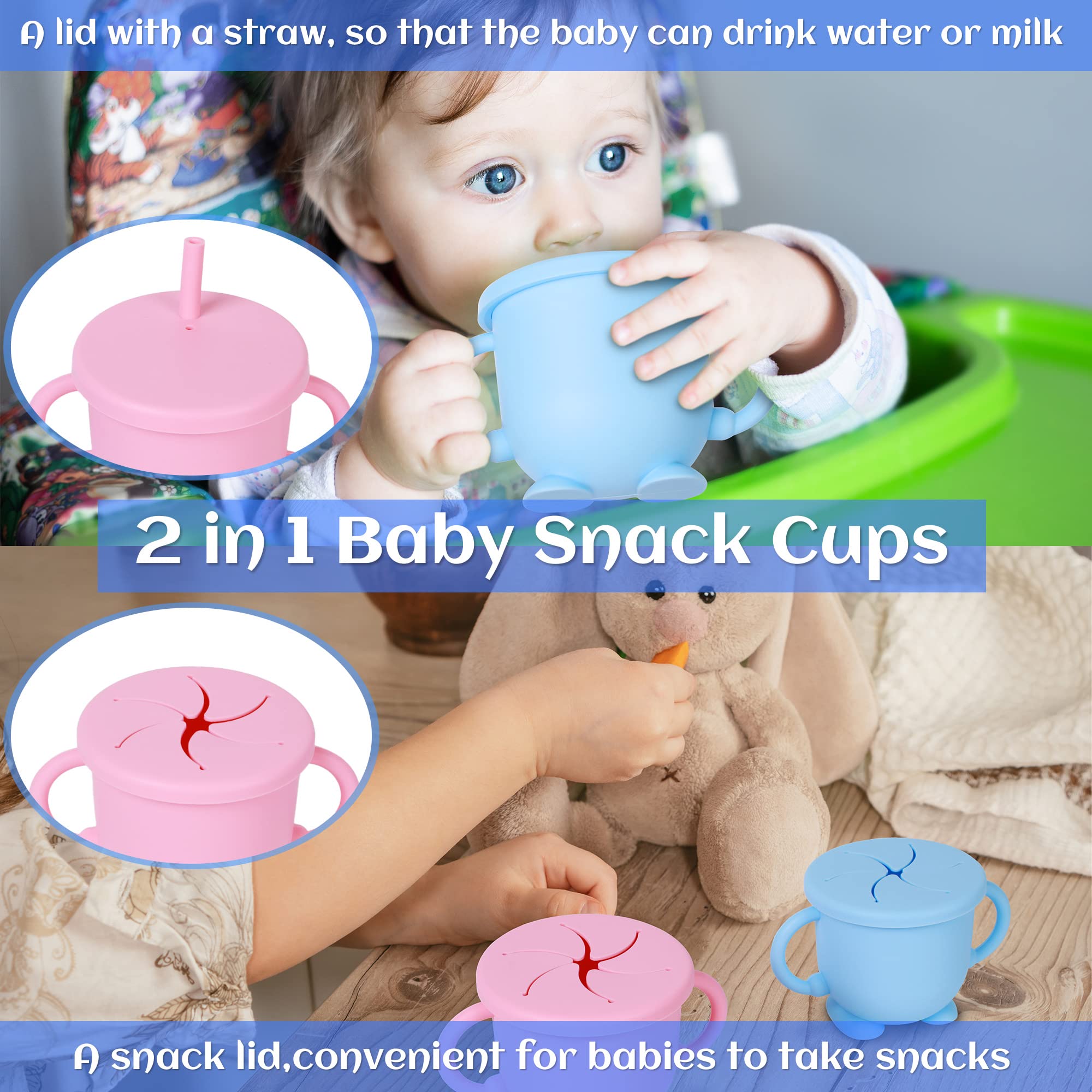 Mytium Snack Cups for Toddlers,2 in 1 Silicone Snack Cup+Straw with Adjustable Strap,2PCS No Spill Toddler Snack Containers Baby Training Cup for Toddler and Baby 6 Month+(Blue+Pink)