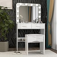 PexFix Vanity Desk Set with LED Lighted Mirror Makeup Vanity with Power Strip, Dressing Table Set with 2 Large Drawers, Storage Bench,for Bedroom, Bathroom, Marbling