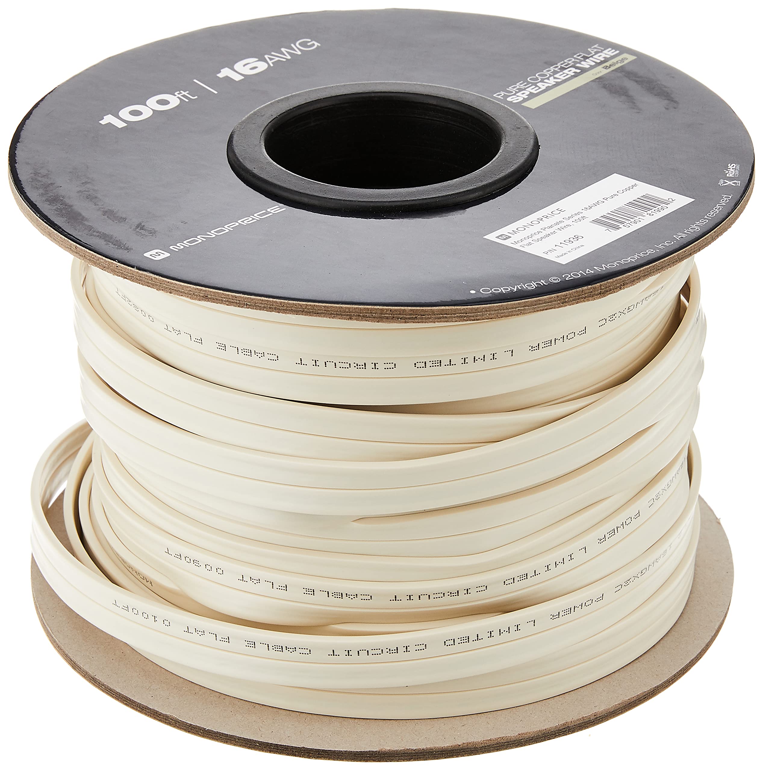 Monoprice Planate Series 16 Gauge AWG Pure Copper Flat Speaker Wire/Cable - 100Ft CL2 in Wall Rated, Jacketed in PVC Material for Home Theater, Car Audio and More