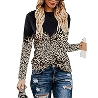 Blooming Jelly Womens Leopard Print Tops Long Sleeve Crewneck Color Block Casual T-Shirts Tee
