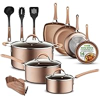 NutriChef 14-Piece Non Stick Kitchen Cookware Set w/Saucepan, Frying Pans, Cooking Pots, Dutch Oven Pot, Lids, Utensil, Gold