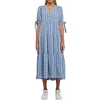 English Factory Women's Gingham Tiered Midi Dress with Bow-Tie Sleeves