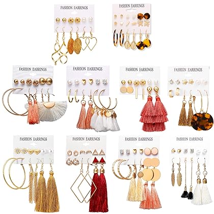 63/75/93 Pairs Fashion Earrings with Tassel Earrings Layered Ball Dangle Hoop Stud Jacket Earrings for Women Girls Jewelry Fashion and Valentine Birthday Party Gift