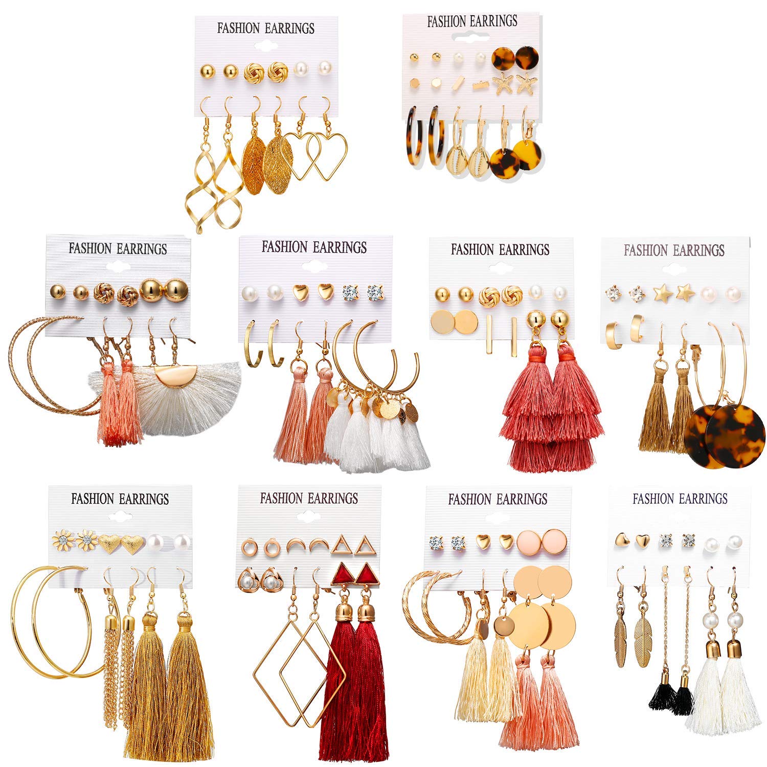 63/75/93 Pairs Fashion Earrings with Tassel Earrings Layered Ball Dangle Hoop Stud Jacket Earrings for Women Girls Jewelry Fashion and Valentine Birthday Party Gift