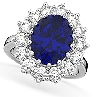 Allurez Oval Blue Sapphire And Diamond Halo Lady Di Ring (6.40ct)