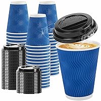 100 Pack Coffee Cups with Lids 12oz, Disposable Insulated Ripple Wall To Go Paper Coffee Cups for Hot/Cold Drinks Office Home Shop Event (Navy)