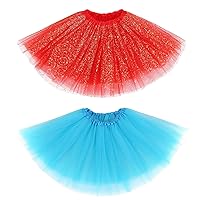 Simplicity Red Sequin and Sky Blue Women's Classic Elastic 3 Layered Tulle Tutu Skirt