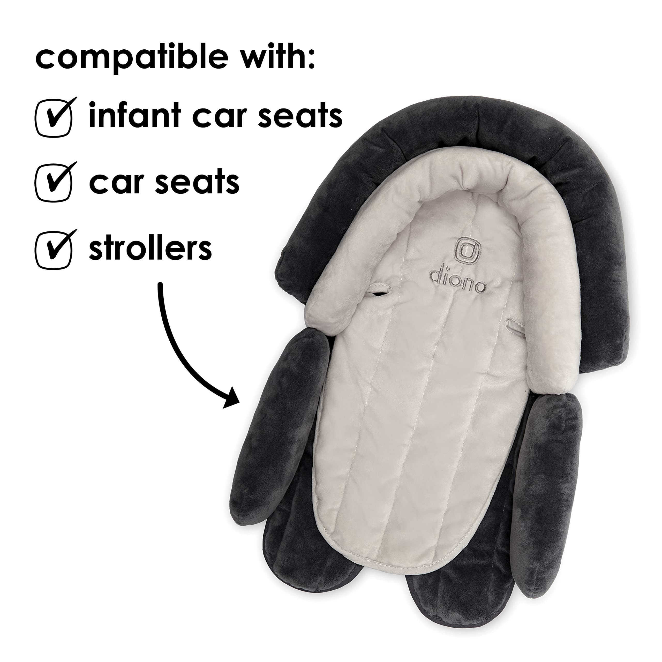 Diono Cuddle Soft 2-in-1 Baby Head Neck Body Support Pillow for Newborn Baby Super Soft Car Seat Insert Cushion, Perfect for Infant Car Seats, Convertible Car Seats, Strollers, Gray/Artic