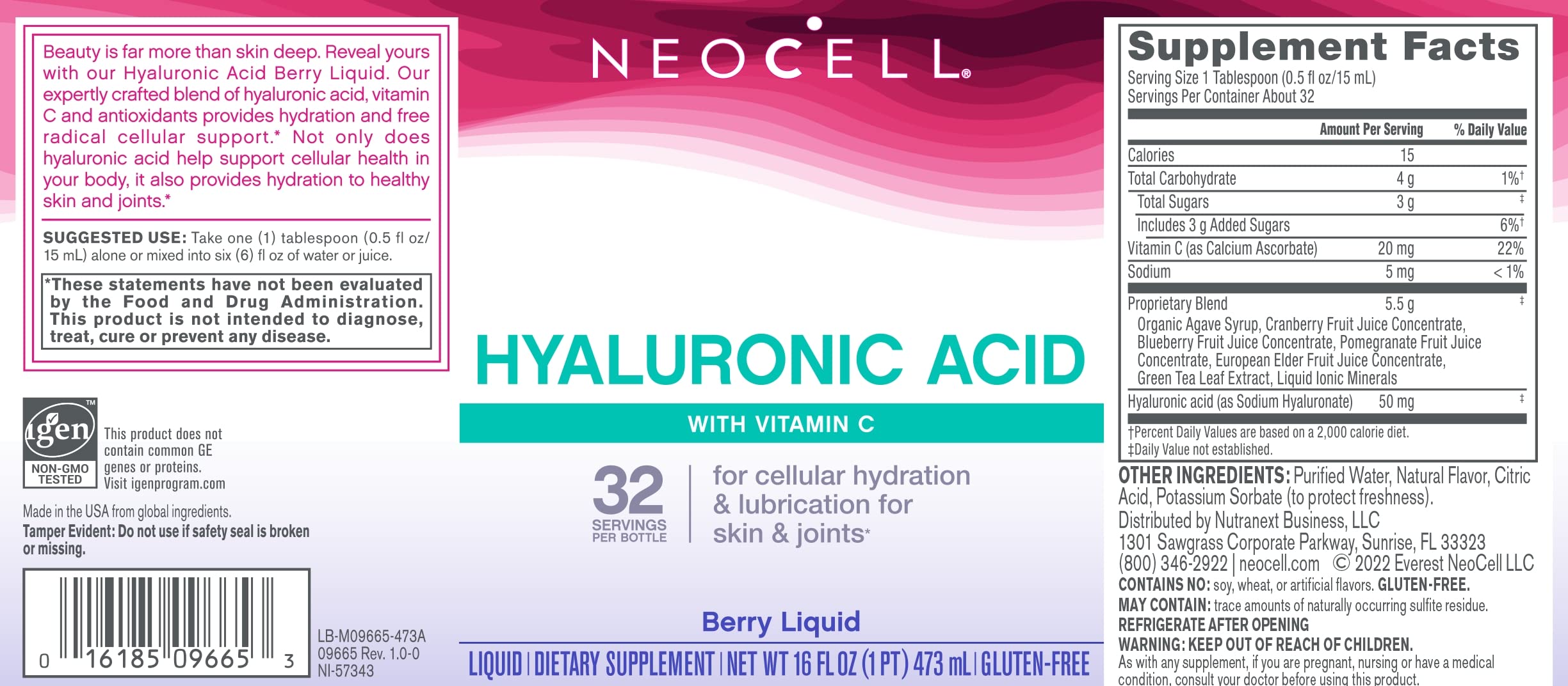 NeoCell Hyaluronic Acid Liquid with Vitamin C, Fights Collagen Depletion, Supports Tissue Hydration, Gluten Free, Berry, 16 Fl. Oz