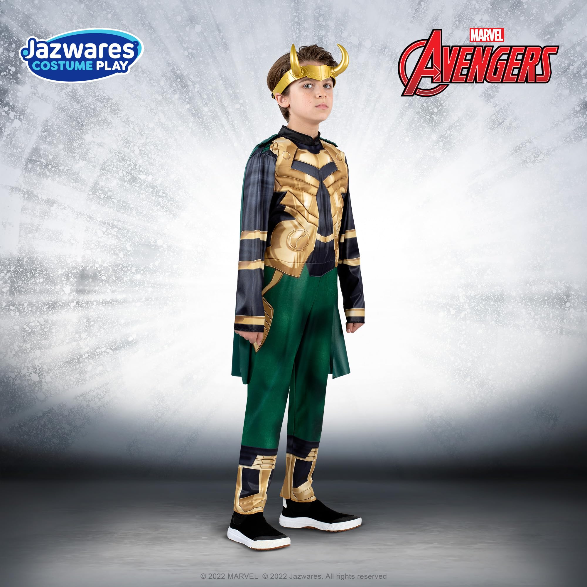 Marvel Loki Official Youth Costume - Padded Jumpsuit with Detachable Cape and Plastic Headpiece