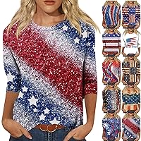 2024 Women's Independence Day Printed Graphic Crew Neck 3/4 Sleeve Shirt Women's Casual T-Shirt Color Block Top