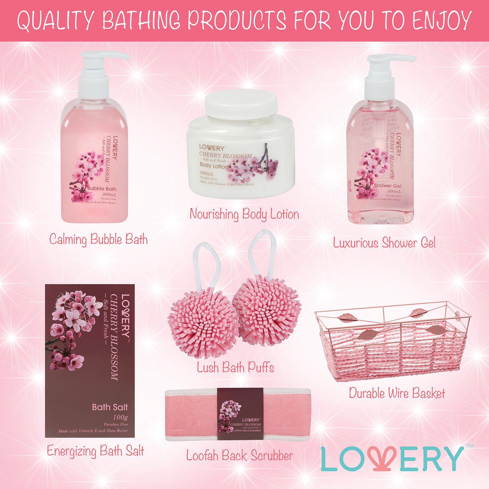 Birthday Gifts For Her, Spa Gift Basket in Cherry Blossom Fragrance - 8pc Bath Set with Shower Gel, Bubble Bath, Bath Salt, Lotion & More! Great Wedding, Anniversary or Graduation Gift for Women