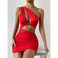 Dresses for Women Women's Dress One Shoulder Cut Out Ruched Bodycon Dress Dresses (Color : Red, Size : Small)