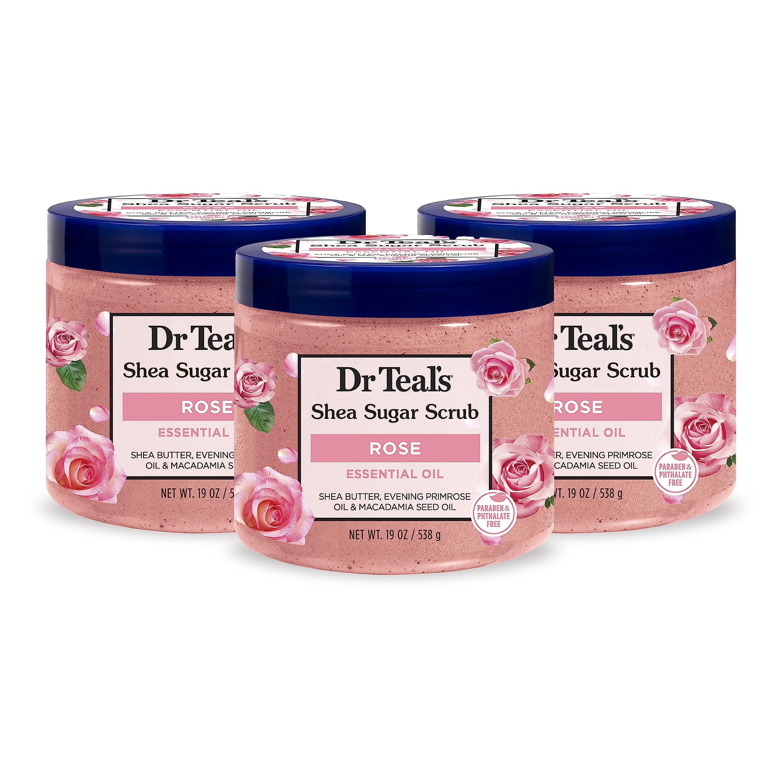 Dr Teal's Shea Sugar Body Scrub, Rose with Essential Oil, 19 oz (Pack of 3) (Packaging May Vary)