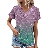 Womens Fashion Tops Trendy Sparkly Tops for Women 2024 Fashion Button Patchwork Casual Loose with Short Sleeve V Neck Ruched Blouses Pink XX-Large