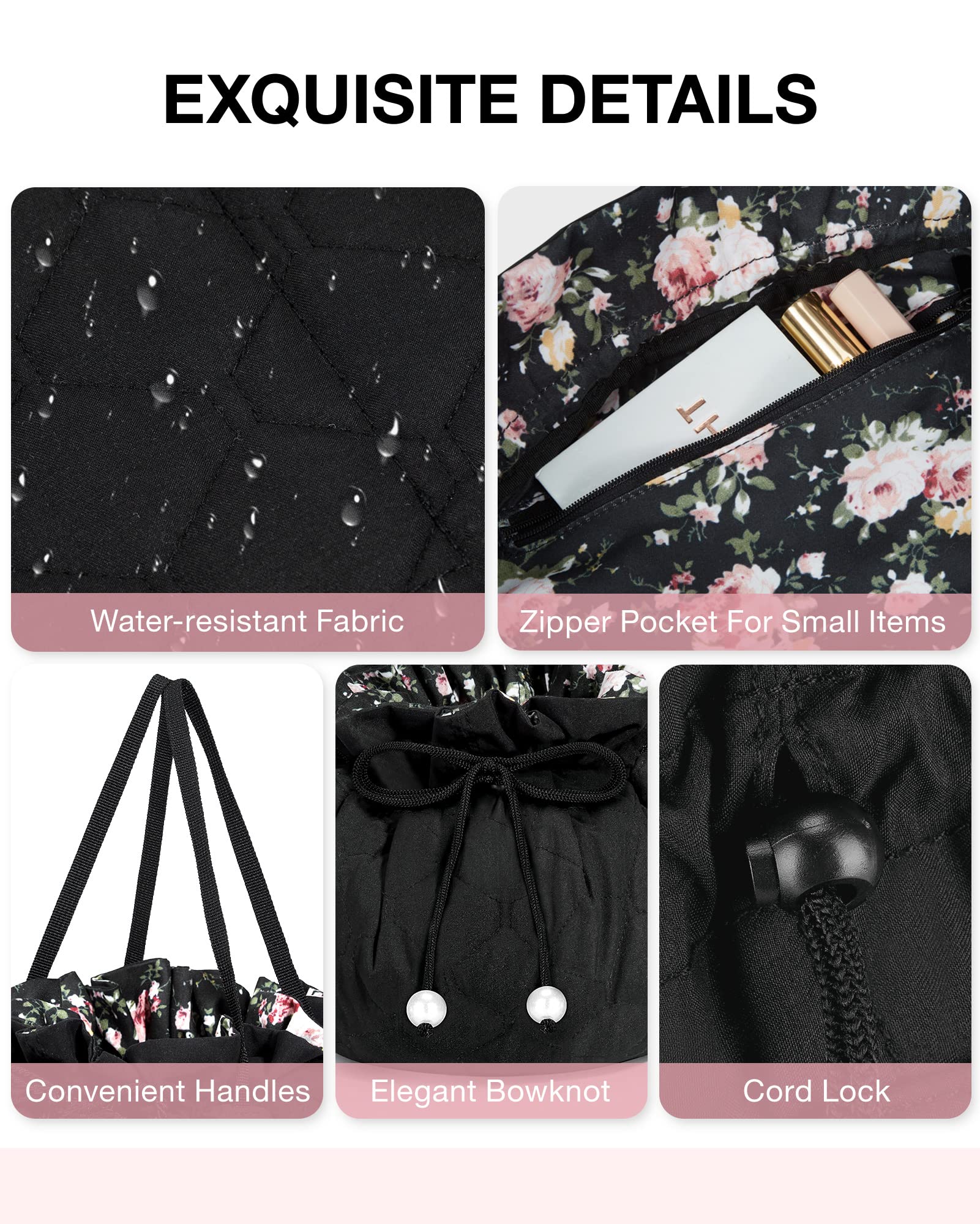BAGSMART Drawstring Makeup Bag, Cosmetic Bag, Travel Makeup Organizer Case with Clear Pouch Set, Make Up Bags for Women Portable Toiletries Accessories Brush Floral (Black)