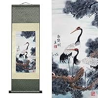 AtfArt Asian Wall Silk Scrolls Decor Beautiful Painting White Crane - Red Crowned Crane - Grus Japonensis Oriental Decor Chinese Art Wall Scroll Wall Hanging Painting Scroll (36.2x 12 in)