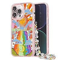 Compatible for iPhone 14 Pro Case Cute Aesthetic - Glitter Pink Phone Case with Camera Protector - Girly Mushroom Pattern Print Cover with Wrist Strap Design for Woman Girl 6.1