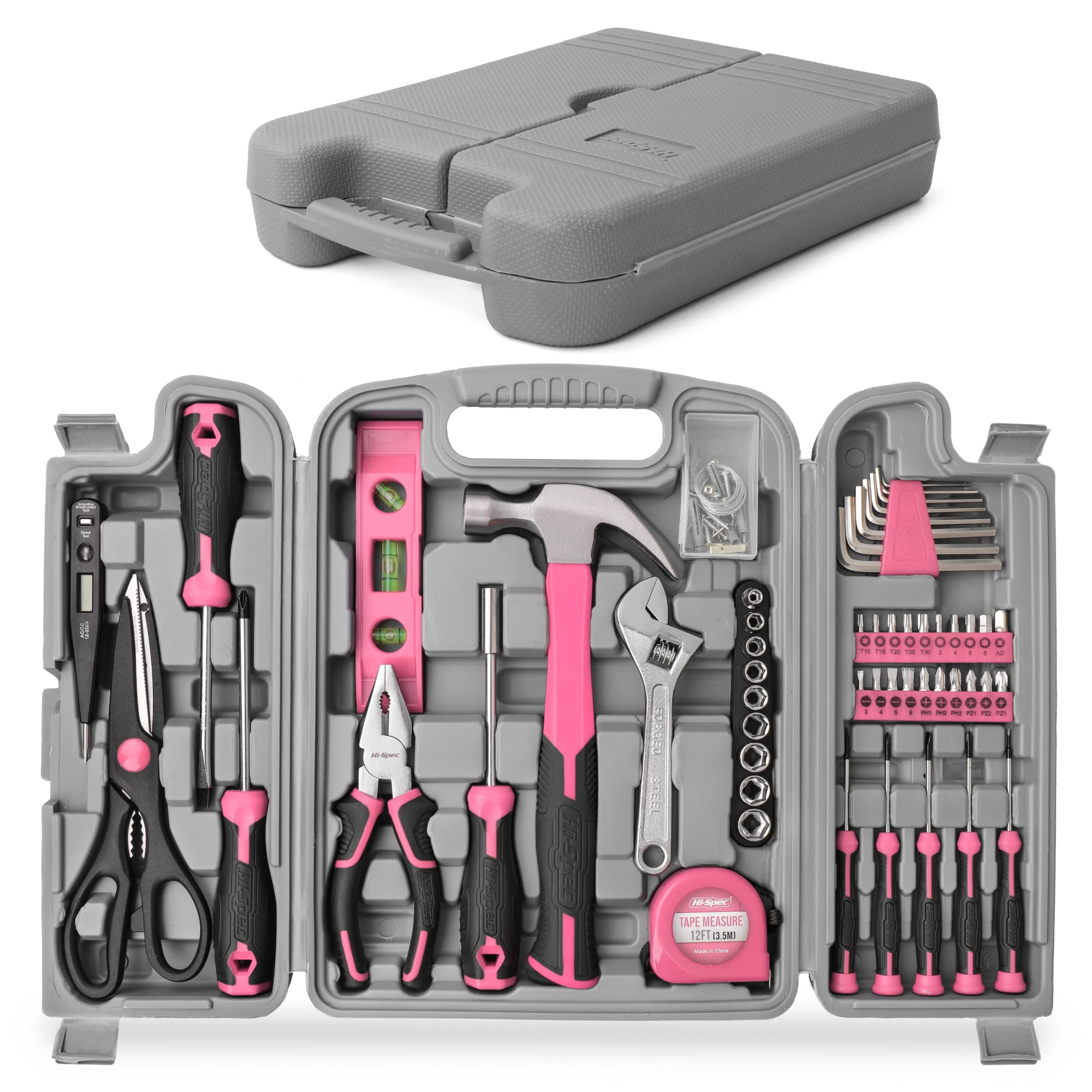 Hi-Spec 88pc Pink Home DIY Tool Kit Bundle with 3.6V Small USB Power Electric Screwdriver Set