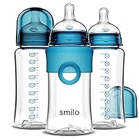 Smilo Baby Bottle Set with Stage 0 Slow Flow Anti Colic Nipple, 10 Oz / 300 ml Capacity, 3X Pack of Anti Colic Baby Bottles 0-3 Months - Aqua Blue