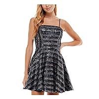 Womens Navy Stretch Sequined Zippered Lined Striped Spaghetti Strap Square Neck Mini Party Fit + Flare Dress Juniors 7