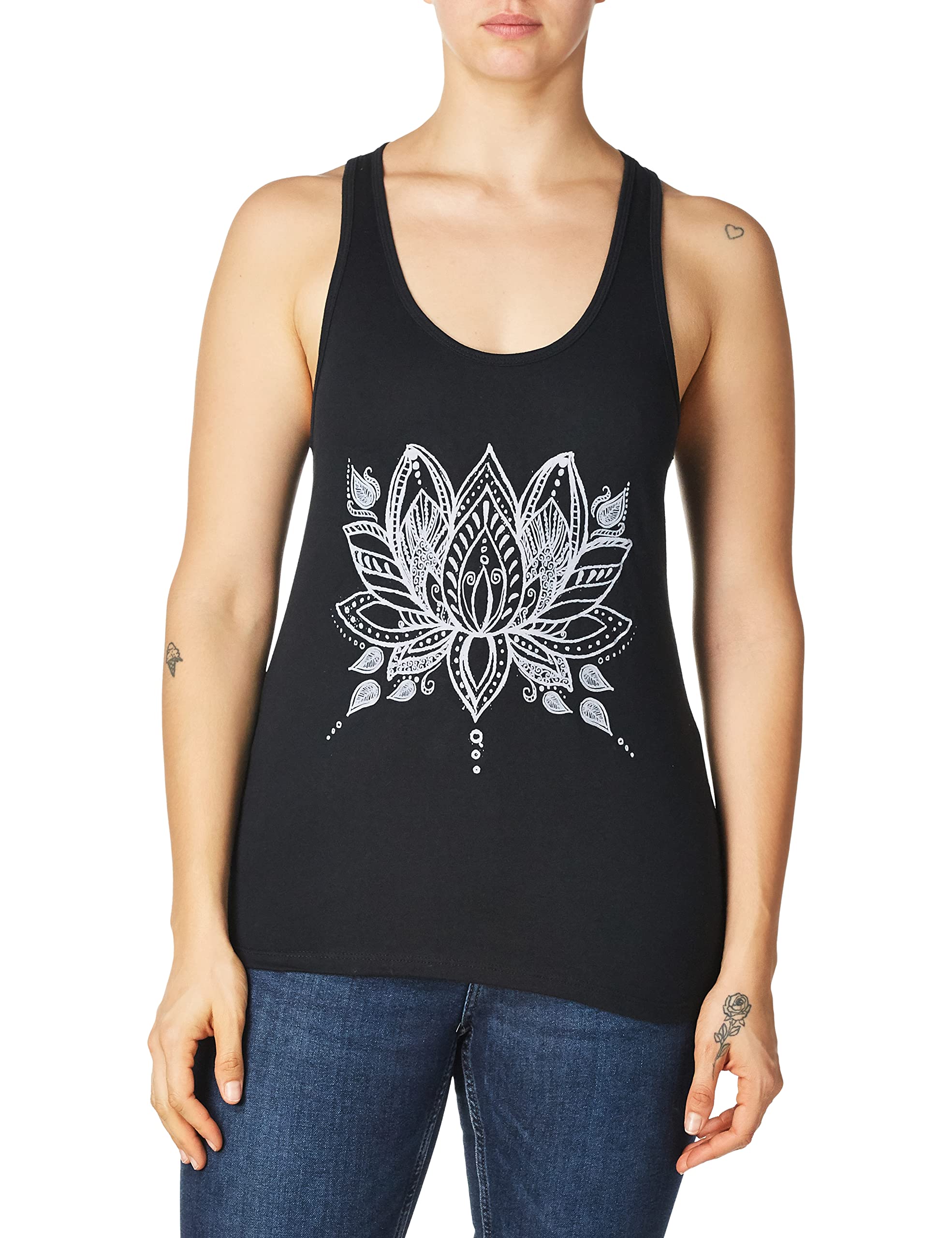 Chin-Up womens Henna Lotus Flower Ideal Racerback Graphic Tank Top T Shirt, Black, X-Large US