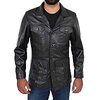 Mens Black Leather Safari Jacket Fitted Classic Retro Blazer Hunters Reefer Coat - Sylas