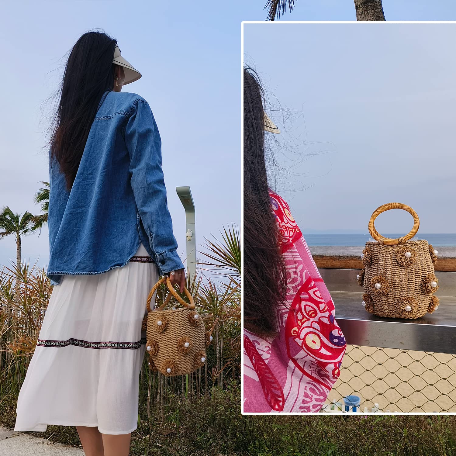 JBRUN Pearl Flower Straw Woven Tote Bag Summer Beach Rattan Handle Bucket Bag Straw Purses and Handbags for Women
