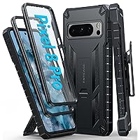 FNTCASE for Google Pixel 8 Pro Case: Built-in Screen Protector & Kickstand & Belt-Clip Holster, Extra Front Frame, Full-Body Dual Layer Rugged Military Shockproof Cell Phone Protective Cover- Black