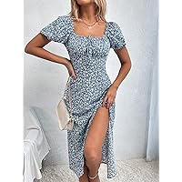 Necklaces for Women Square Neck Ditsy Floral Print Tie Front Split Thigh Dress (Color : Blue and White, Size : Small)