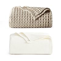 Bedsure Bundle of 1 Cotton Herringbone Weave Blanket Queen & 1 Cotton Waffle Blanket Queen