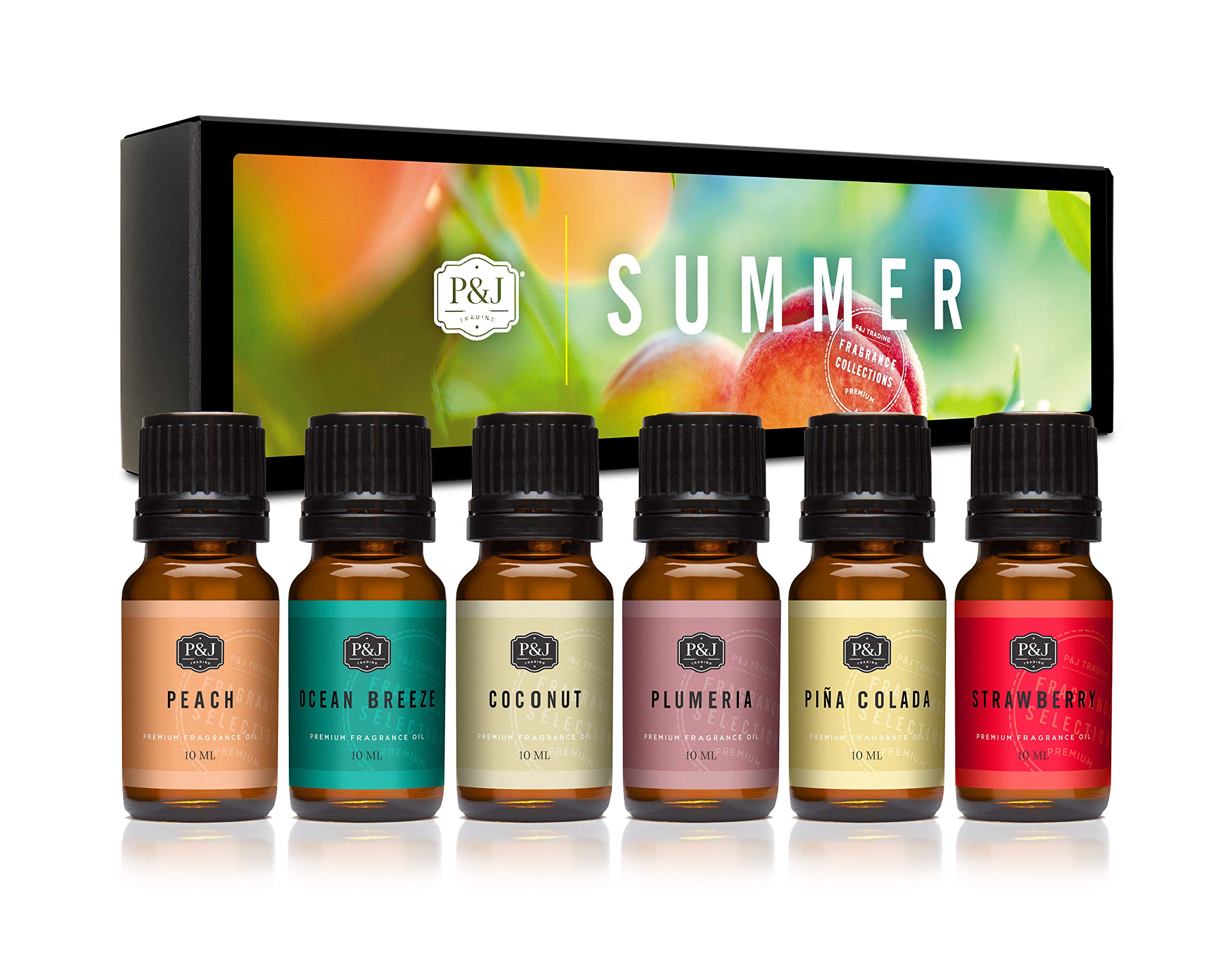 P&J Fragrance Oil Summer Set | Peach, Strawberry, Plumeria, Coconut, Ocean Breeze, and Pina Colada Candle Scents for Candle Making, Freshie Scents, Soap Making Supplies, Diffuser Oil Scents