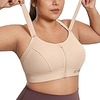 SYROKAN Womens' Sports Bra High Impact Support Zip Front Adjustable Large Bust Racerback Wirefree Padded