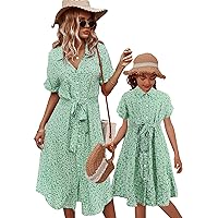EFOFEI Mommy and Me Split Midi Dresses Matching Summer Floral Print Dress V Neck Short Sleeve Family Dress